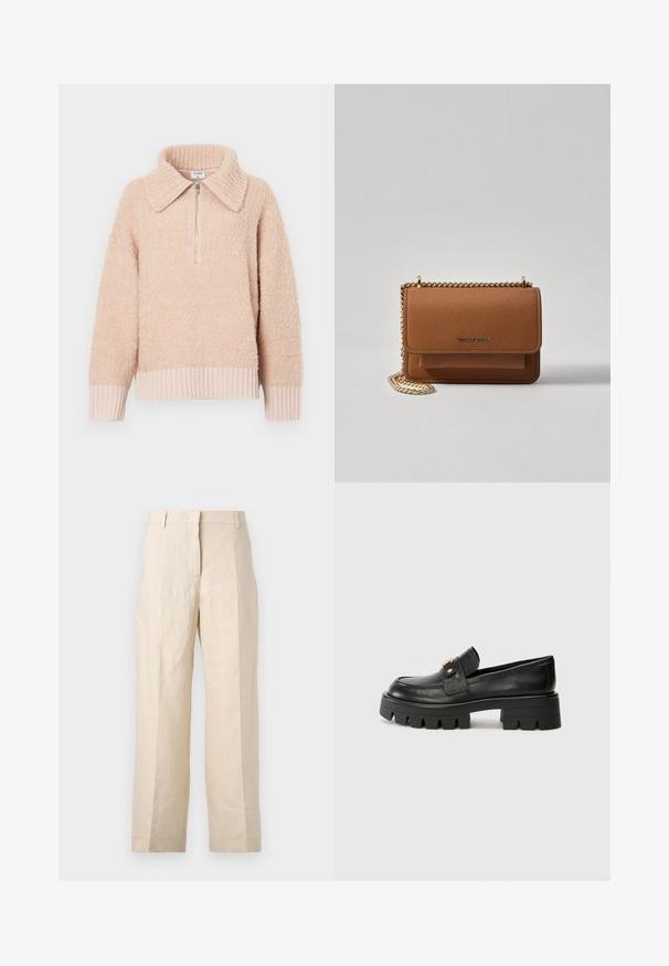 Pullover de lã bege com gola e fecho de meia-zíper. Punhos e bainha canelados. Textura suave com uma aparência aconchegante.; Calças de linho bege com um corte solto, frente plissada e pernas retas. Apresentam uma cintura com passantes para cinto e sem bolsos visíveis.; Mocassins de couro preto com uma sola robusta, apresentando um detalhe em tom dourado na parte da frente e um acabamento suave. Design de solado com cravos robustos.; Bolsa crossbody de couro texturizado castanho com alça de corrente dourada e fecho com aba. A parte da frente apresenta detalhe do logótipo e um bolso sob a aba.