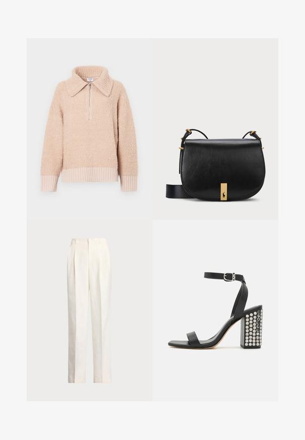 Pulover din fleece bej, cu guler și închidere cu fermoar pe jumătate. Mânici și tiv cu nervuri. Textură moale cu un aspect călduros.; Polo Ralph Lauren HEMP WIDE LEG PANT - Pantaloni - nevis; Sandale cu toc din piele neagră, cu o curea la gleznă. Au vârf pătrat, textură netedă și toc pătrat bloc decorat cu capse argintii.; Geantă crossbody din piele neagră cu un accent metalic de ton aurit și curea ajustabilă, având o textură netedă și o formă curbată.