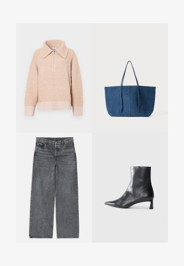 Pullover de lã bege com gola e fecho de meia-zíper. Punhos e bainha canelados. Textura suave com uma aparência aconchegante.; Calças de ganga largas em denim cinza escuro. Apresentam uma cintura alta, design de cinco bolsos e fecho frontal por botão. Textura suave com um leve desbotado.; Bota de tornozelo em pele preta com biqueira apontada e um design elegante. Apresenta um salto baixo e um fecho com zipper na parte de trás. Textura suave.; Bolsa tote azul em camurça, com duas alças longas, formato retangular, textura suave, design minimalista, apresentando um logótipo discreto na frente.