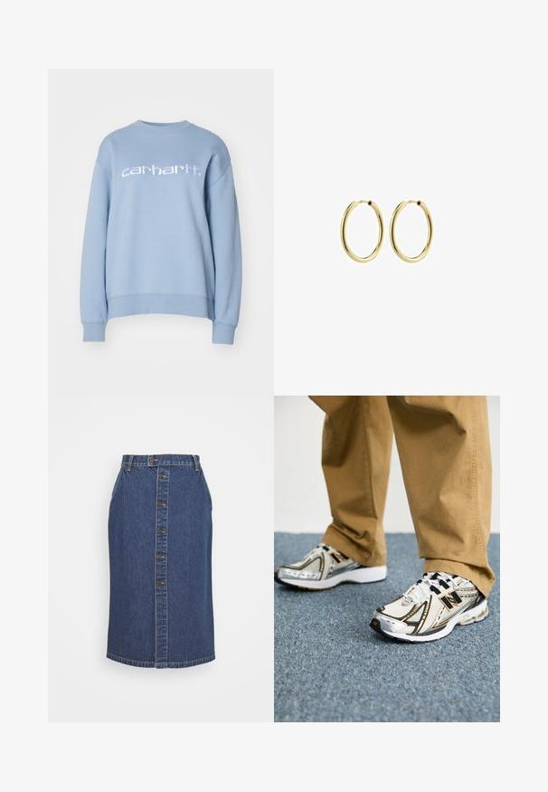 Carhartt WIP Sweatshirt - misty sky/white; Dunkelblaue Jeans-Bleistiftrock mit vorderem Knopfverschluss, vertikalen Nahtdetails und einem klassischen Saum.; Weiße und silberne New Balance Sneaker mit schwarzen Akzenten und Schnürsenkeln, ausgestattet mit einem Mesh-Obermaterial, gepolsterten Sohlen und dynamischem Design.; Goldene Metallohrringe mit einer glatten Oberfläche, kreisförmiger Form und einem sicheren Verschluss. Polierte Oberfläche ohne sichtbare Muster oder Akzente.