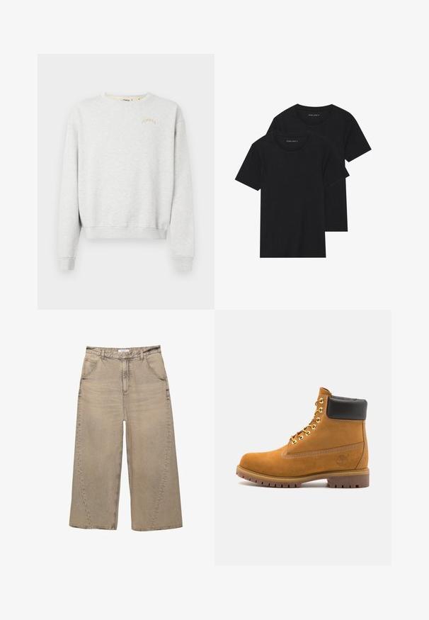 Hanorac gri deschis din bumbac moale, cu gât rotund, manșete cu dungi și textul "POMPEII" brodat în bej.; Două tricouri negre din bumbac cu mâneci scurte, cu guler rotund și o textură netedă, expuse suprapuse.; PULL&BEAR MEGA BAGGY - Blugi largi - light grey; Cizmă de gleznă din întoarsă de culoare bej, cu guler negru căptușit, ochiuri din metal auriu, detalii de cusătură albă și talpă din cauciuc robustă, cu un model pronunțat.