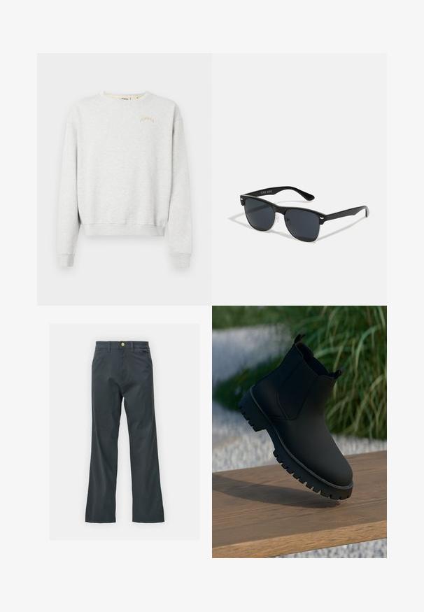 Gai pelēks džemperis no mīksta auduma ar apaļu izgriezumu, ribotām aprocēm un "POMPEII" izšuvumu bēšā krāsā.; Melnas bikses ar taisnu kāju griezumu, izgatavotas no kokvilnas maisījuma auduma. Tām ir metāla pogas aizdare un sānu kabatas. Nav redzamu rakstu.; Melnas potītes ar gludu apdari, elastīgām sānu malām un biezu, izturīgu zoli. Novietotas uz koka virsmas dabiskā ainavā.; Melnas saulesbrilles ar taisnstūra formu, tumšiem stenģiem, sudraba akcentiem pie tempļiem un matētu apdari uz rāmja.