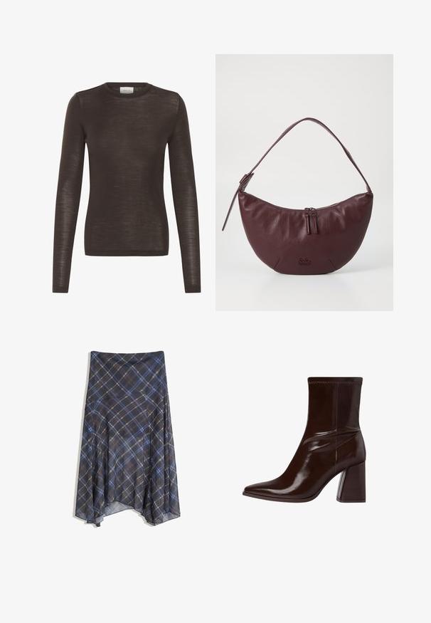 Brauner, langärmeliger Crew-Neck-Fitted-Top aus leichtem, leicht transparentem Strickstoff.; Schwarzer Karorock mit blauen und braunen Linien, fließendes Design, knielang, aus leichtem Stoff mit glatter Textur.; Braune Lackleder-Stiefelette mit spitzem Zehenbereich, elastischem Knöchel und blockartigem Absatz. Elegantes Design mit glatter Textur.; Bordeauxfarbene Lederhandtasche mit geschwungenem Design, ausgestattet mit einem Reißverschluss, zwei Reißverschlussanhängern und einem kurzen Schultergurt. Details umfassen ein geprägtes Logo.