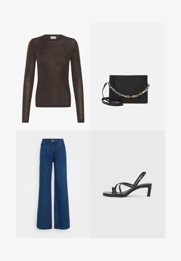 Brown long-sleeve crew neck fitted top with a lightweight, slightly sheer knit fabric.; Wide-leg blue denim jeans with a high waist, front button and zipper closure, and front and back pockets against a plain background.; Black strappy sandal with a square toe and a low block heel. Features multiple thin straps and an adjustable ankle strap. Made of smooth leather.; Black leather crossbody bag featuring a smooth texture, rectangular shape, and a metallic chain detail on the front. Adjustable strap included.