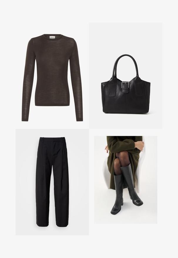 Top ajustado de manga longa em tom castanho, com decote redondo e tecido de malha leve e ligeiramente transparente.; Calças pretas com um corte descontraído, frente plissada e passadores para cinto. Tecido suave e pernas retas, com bolsos laterais.; Botas de couro pretas até ao joelho com biqueira quadrada e salto em bloco, apresentadas com um modelo sentado num casaco verde-azeitona. Textura lisa, com detalhes mínimos.; Bolsa tote de couro preta com textura suave, forma estruturada, duas alças e um destaque prateado proeminente na parte da frente.
