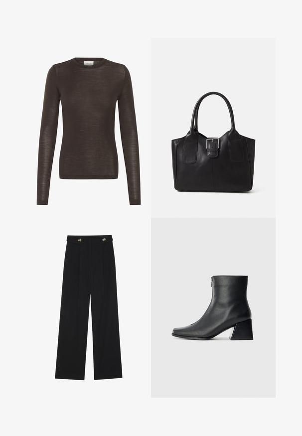 Bruine langlopende crewneck getailleerde top van een lichtgewicht, iets doorzichtig breisel.; Zwarte wijde broek met hoge taille, knoopdetails op de tailleband en plooien aan de voorkant.; Zwarte leren enkellaars met vierkante neus, zijrits en blokhak tegen een effen lichte achtergrond.; Zwarte leren tote bag met een gladde textuur, gestructureerde vorm, twee handvatten en een opvallend zilveren sluitingdetail aan de voorkant.