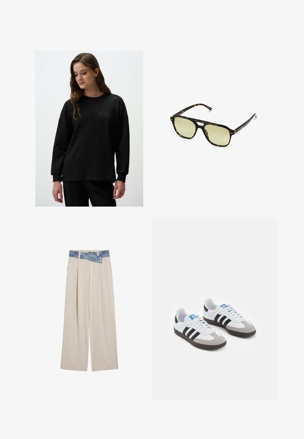 Zwarte sweatshirt met lange mouwen, ronde halslijn, met een decoratief patroon van kleine studs op de bovenste linkerzijde. Zachte textuur.; Lichtbeige wijde broek met een denim tailleband, voorzien van twee knopen en geplooide details aan de voorkant. Gladde textuur en ontspannen pasvorm.; Sportschoenen met een witte leren bovenkant, grijze suède neus en drie zwarte strepen. Bevat een blauw logo op de tong en een gestructureerde rubberen zool.; Schildpadbril met een rechthoekige vorm, groengetinte lenzen en gepatterde acetaat montuur. Kenmerkt metalen accenten nabij de lenzen.