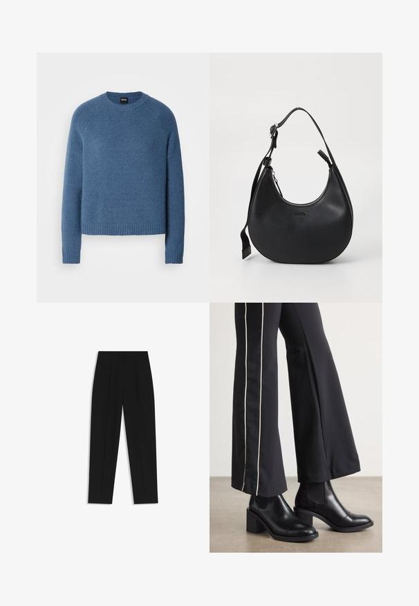 Gemütlicher blauer Pullover aus weichem Stoff, mit einem gerippten Ausschnitt und Bündchen, locker sitzend und mit zartem Muster.; Schwarze Hose mit geradem Schnitt, doppelten Falten, einer glatten Textur und einem klassischen Bunddesign. Keine sichtbaren Beschläge oder Akzente.; Schwarze Lederstiefeletten mit einem Blockabsatz, ausgestattet mit elastischen seitlichen Einsätzen. Kombiniert mit schwarzen Hosen, die einen weißen Seitenstreifen haben.; Schwarze Leder-Schultertasche mit einer geschwungenen Form, Reißverschluss und verstellbarem Tragegurt. Mit eingeprägtem Markenlogo auf der Vorderseite.
