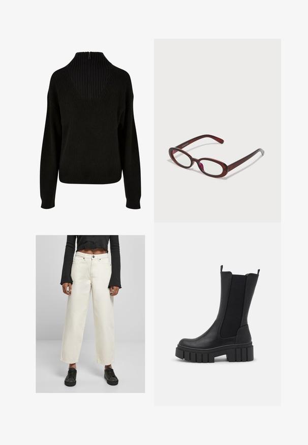 Schwarzer Strickpullover mit hohem Rippenkragen, tiefem V-Ausschnitt auf der Rückseite, überschnittenen Schultern und lockerer Passform. Mit einem Reißverschluss am Hals.; Weite, cremefarbene Denim-Hosen mit hoher Taille, robustem Stoff und vorderem Knopfverschluss; kombiniert mit einem schwarzen, kurzen Langarmoberteil.; Schwarze Knöchel-Stiefelette aus einer Kombination von Kunstleder und elastischen Seiteneinsätzen. Robuste Plateausohle mit vertikalen Rillen für besseren Halt.; Ovale rote Sonnenbrillen mit klaren Gläsern und schlanken braunen Fassungen. Das Design weist sanfte Kurven und minimalen Hardwareeinsatz auf.