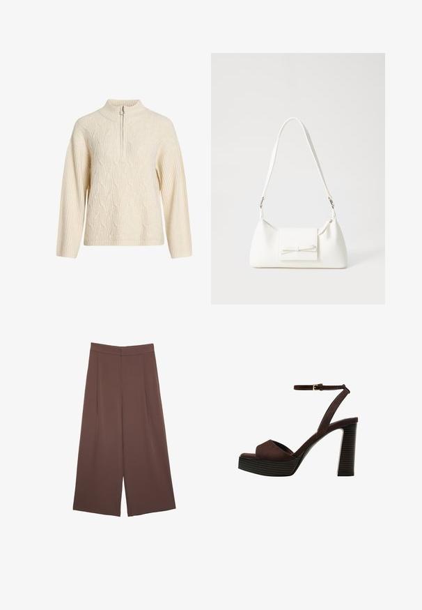 Sweter w kolorze kremowym, pleciony, z wysokim kołnierzem i pół zamkiem; ma teksturowany wzór w warkocze oraz prążkowane mankiety i dół.; Brązowe spodnie o szerokich nogawkach z gładką fakturą, z wysokim stanem i plisami z przodu. Materiał jest lekki i luźno opada.; Brązowe zamszowe sandały na wysokim obcasie z odkrytymi palcami, regulowanym paskiem na kostce i paskowatą podeszwą.; Biała syntetyczna torba o trójkątnym kształcie, płaskim przednim klapce i detalach w postaci kokardy, regulowanym pasku, gładkiej fakturze oraz minimalistycznym designie.