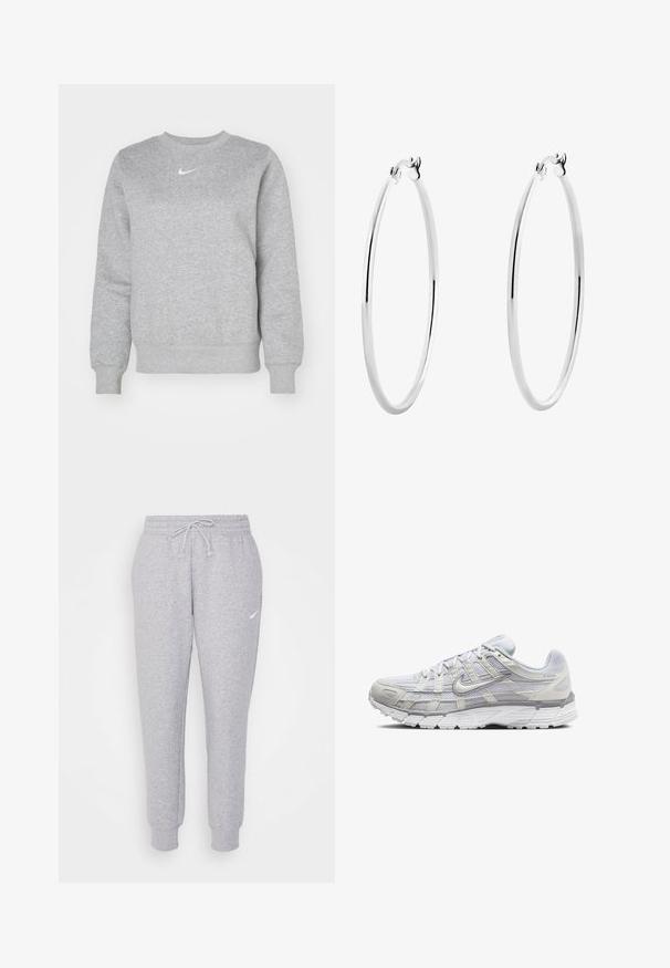 Grå hettegenser laget av myk stoff, med rund hals, ribbestrikkede ermer, og en liten hvit Nike-logo på brystet.; Lysegrå collegebukser med snor i livet, smalnede ben og en liten hvit logo på venstre lår. Laget av et mykt, teksturert stoff.; Lys grå sportsko med overdel i mesh og syntetisk materiale, med snøring, polstret krave og strukturert såle for grep.; Sølv øreringer i form av ringer med en glatt, polert overflate og sømløst design, som har avrundede kanter og en sikker lås.