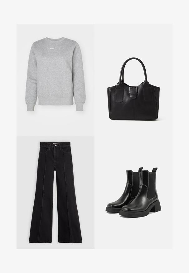 Szürke pulóver puha anyagból, kerek nyakkivágással, bordás mandzsettákkal és egy kis fehér Nike logóval a mellrészen.; Fekete, magas derekú, bő szabású farmernadrág elülső varrással, gombos záródással, övhurkokkal és elülső zsebekkel, sima világos háttér előtt.; Fekete bőr Chelsea csizmák masszív sarkakkal, rugalmas oldalsó panelekkel és kontrasztos fehér varrással. Texturált felület.; Fekete bőr bevásárlótáska sima textúrával, strukturált formával, két fogantyúval és egy figyelemfelkeltő ezüst csattal az elején.