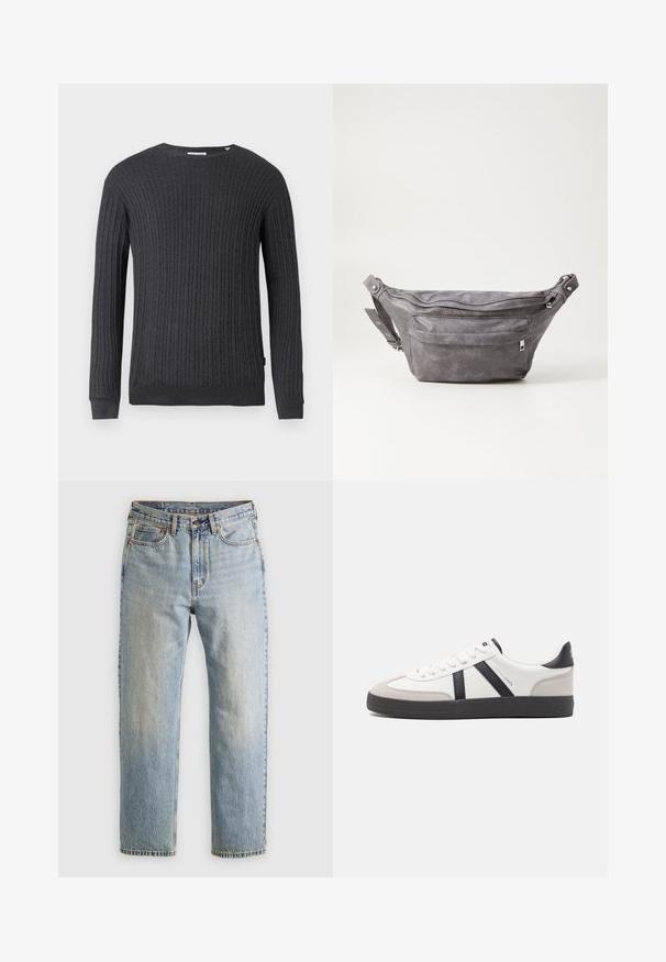 Tumši pelēksadīts džemperis ar ribota tekstūru, apaļu kakla izgriezumu, garām piedurknēm un pieguļošu apakšmalu. Iekļauta minimāla zīmola identifikācija apakšējā pusē.; Gai zila denima bikses ar augstu jostasvietu, priekšējo pogu, rāvējslēdzēju un piecu kabatu dizainu, izlīdzinātas uz neitrāla fona.; Baltas sneakeris ar melniem un pelēkiem akcentiem, kuram ir teksturēts pelēks purngals, melna gumijas zole un plakanas baltas šņores. Tīrs dizains, minimālisma stils.; Pelēks zamšādas jostas somiņa ar noapaļotu formu, divām kabatām ar rāvējslēdzējiem un regulējamu siksnu. Iekļauj metāla aksesuārus.