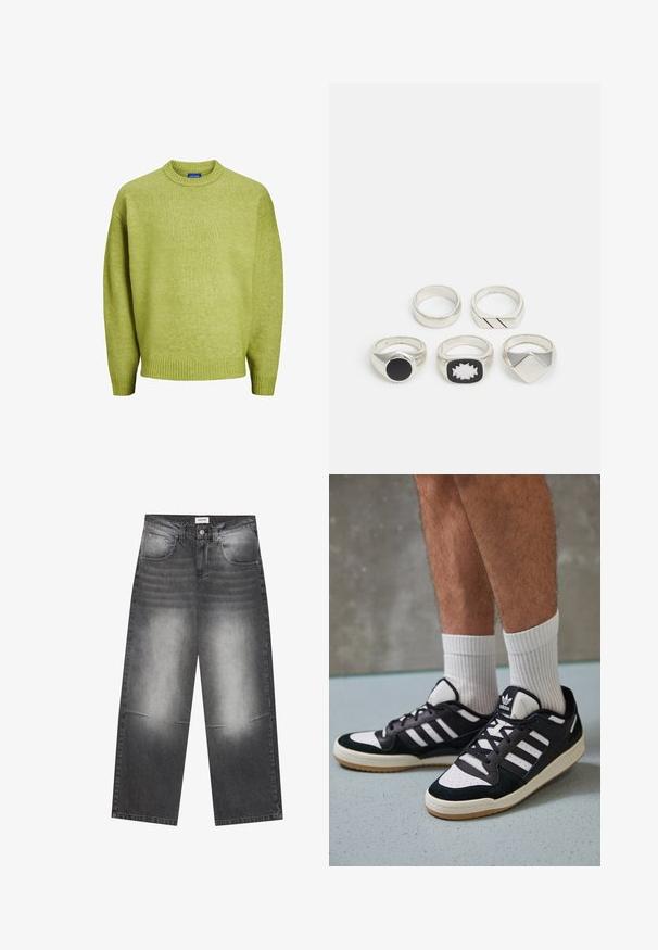 Jack & Jones JOROLLIE CREW NECK - Džemper - lima bean green; Laiad mustad teksad halli kulumisega, millel on ees taskud, nööbiga sulgemine ja kerge kulumine põlvedel.; Mustvalged ja valged spordijalatsid, mille pealmine osa on valmistatud suede'ist ja nahast. Kingadel on kolm valget riba, auguline varvas ja kummist tald.; Viis hõbedast sõrmust: üks musta ümmarguse detailiga, üks valge ja musta geomeetrilise mustriga ning teised erinevate vormide ja viimistlustega.