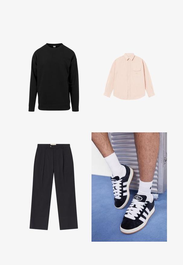 Sudadera negra hecha de tela suave. Presenta un escote redondo, mangas largas y puños y dobladillo acanalados. Diseño simple y sin adornos.; Camisa de manga larga rosa claro, hecha de una tela suave, con cuello botón, bolsillo frontal y un sutil logo bordado en el pecho.; Pantalones oscuros de navy ajustados con cintura alta, dos pliegues frontales, cierre de botón y piernas rectas en una tela suave.; Zapatillas de ante negras con cordones blancos y tres rayas blancas. Presentan un logotipo circular negro en la lengüeta y una suela de goma color caramel.