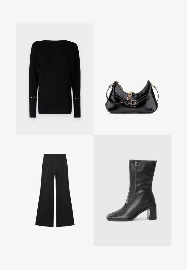 Patrizia Pepe Pulover - nero; Črne široke hlače z gladko teksturo, ki imajo sprednje nabore in kroj po meri. Tkanina je lahka in zračna.; Črne usnjene gležnarske škornje s kvadratnim prstom, stranskim zadrgo in masivnim kvadratnim peto. Imajo kontrastno šivanje vzdolž sprednjega šiva.; Črna lakasta torba z ukrivljenim dizajnom, z zlatimi kovinskimi dodatki in izrazitim logotipom. Vključuje snemljiv rame podloženi trak.