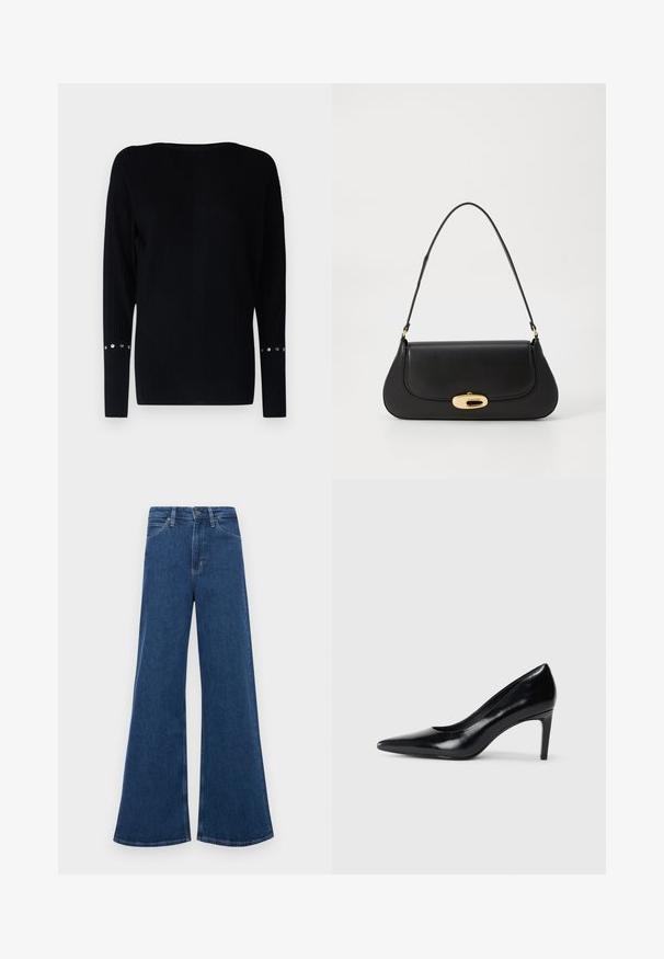 Patrizia Pepe Strickpullover - nero; Blaue Jeans mit weitem Beinausschnitt und hoher Taille, ausgestattet mit fünf Taschen, einem Knopfverschluss und Kontrastnähten an den Nähten.; Schwarzer Lederhochschuh mit spitzem Zehenbereich, glatter Textur und schmalem Absatz. Minimalistisches Design, keine zusätzlichen Verzierungen.; Schwarze Lederhandtasche mit geschwungenem Design, Beschlägen in Goldfarbe und einem oberen Griff. Verfügt über einen eleganten Verschluss und eine glatte Textur.