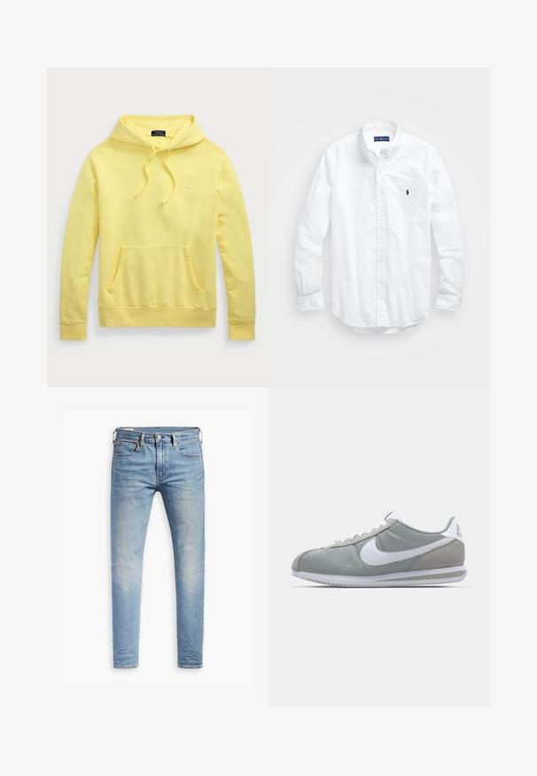 Moleton amarelo em algodão com um bolso canguru frontal, capuz com cordão e um pequeno logótipo bordado no peito. Textura suave, design casual.; Camisa de botões de manga longa branca em algodão. Apresenta um colarinho clássico, punhos com botão e um pequeno logótipo bordado em azul-marinho no peito.; Jeans slim fit em azul claro com leve desbotamento nas coxas, fecho frontal por botão, passantes para cinto e estilo de cinco bolsos sobre um fundo branco.; Sapatilha atlética cinza com um cabedal em camurça e têxtil, símbolo Nike branco e atacadores brancos. Apresenta uma sola de borracha texturizada e colarinho acolchoado.