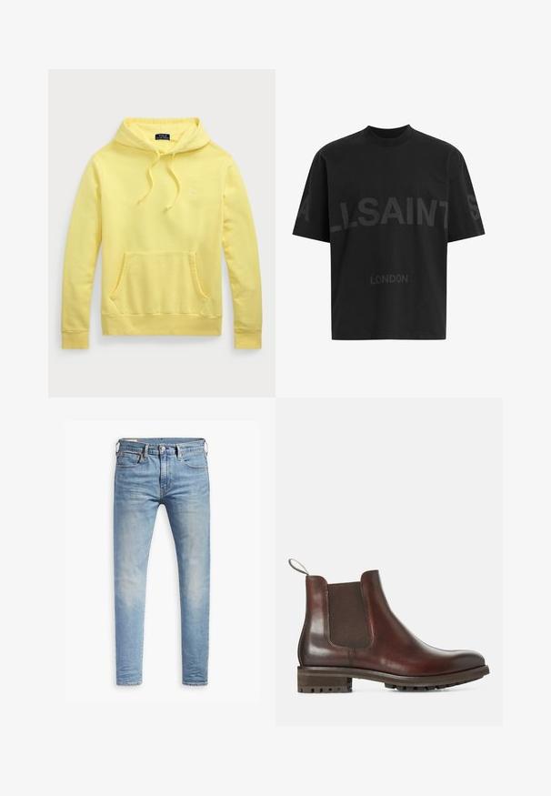 Žltý bavlnený mikina s prednou klokankou, s kapucňou na šnúrku a malým vyšitým logom na hrudi. Hladká textúra, ležérny dizajn.; Čierne pánske oversized tričko s tmavosivým textom "ALLSAINTS" cez hruď a menšími písmenami "LONDON" pod ním.; Biele dlhé rukávy košele so zapínaním na gombíky z bavlny. Má klasický golier, gombíkové manžety a malú tmavomodrú vyšitú logo na hrudi.; Svetlo modré úzke džínsy s miernym prehrdzavením na stehnách, predným gombíkovým zapínaním, pútkami na opasok a štýlom s piatimi vreckami na bielom pozadí.; Hnedé kožené Chelsea topánky s elastickými bočnými panelmi, háčikom na obúvanie a textúrovanou gumovou podrážkou. Hladký povrch s pevným nízkym podpätkom.