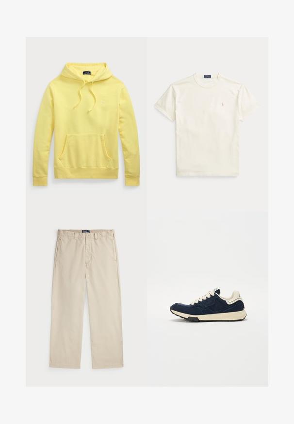 Sárga pamut kapucnis pulóver, elülső kenguru zsebbel, húzózsinóros kapucnival és egy kis hímezett logóval a mellkason. Sima textúra, laza dizájn.; Krém színű, rövid ujjú pamut póló. A bal mellkason finoman hímzett logóval és kerek nyakkivágással.; Beige színű pamut chino nadrág egyenes szabással, gombos záródással és két elülső zsebbel. Simaság és egyszínű megjelenés jellemzi.; Sötétkék sneaker texturált velúr felsőrésszel, krémszínű fűzőkkel és bézs középtalppal. Klasszikus sportos dizájnnal és gumitalppal rendelkezik.