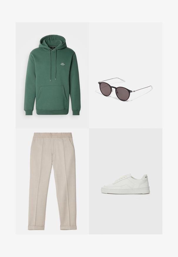 Felpa verde realizzata in materiale morbido, con tasca frontale, cordini e un piccolo logo bianco sul petto. Taglio classico e polsini a costine.; Filippa K TERRY CROPPED TROUSERS - Pantaloni - sage melange; Sneaker in pelle bianca con una finitura liscia, punta rotonda, lacci piatti e suola testurizzata. Presenta un logo discreto sul tallone.; Occhiali da sole neri rotondi con lenti scure e sottili bracci in metallo. Include punte trasparenti e accenti argentati alla cerniera. Design minimalista.