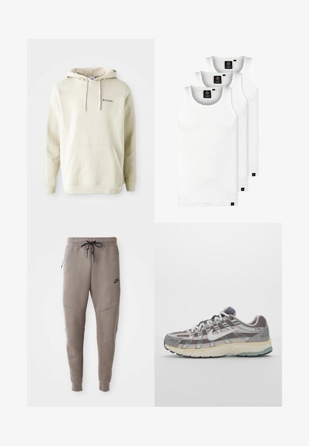 Felpa color crema realizzata in tessuto morbido, con tasca a marsupio frontale, cappuccio con lacci e piccolo logo ricamato sul petto.; Tre canotte bianche a coste in cotone. Presentano un colletto rotondo e piccole etichette nere vicino all'orlo. Disponibile in diverse taglie.; Pantaloni sportivi Nike grigi con cintura regolabile, gambe affusolate, tasche laterali e dettagli di cucitura distintivi. Tessuto morbido e texture.; Scarpa sportiva grigia con tomaia in mesh e suede, dettagli bianchi, suola ammortizzata e un design distintivo con elementi riflettenti.