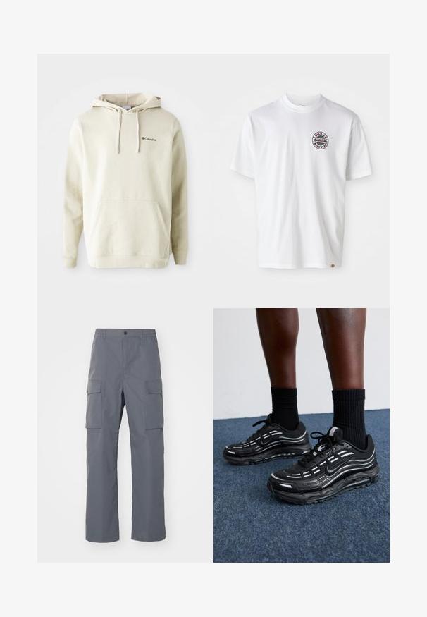 Felpa color crema realizzata in tessuto morbido, con tasca a marsupio frontale, cappuccio con lacci e piccolo logo ricamato sul petto.; T-shirt bianca in cotone con un logo rotondo sul petto. Collo crew, maniche corte, vestibilità rilassata, con accenti rossi e neri.; Pantaloni cargo grigi realizzati in tessuto resistente. Le caratteristiche includono una vita elastica, due grandi tasche laterali e un taglio dritto.; Le scarpe Nike nere presentano una tomaia in mesh con strisce a contrasto, lacci testurizzati e una suola in gomma nera. Indossate con calze nere a costine.