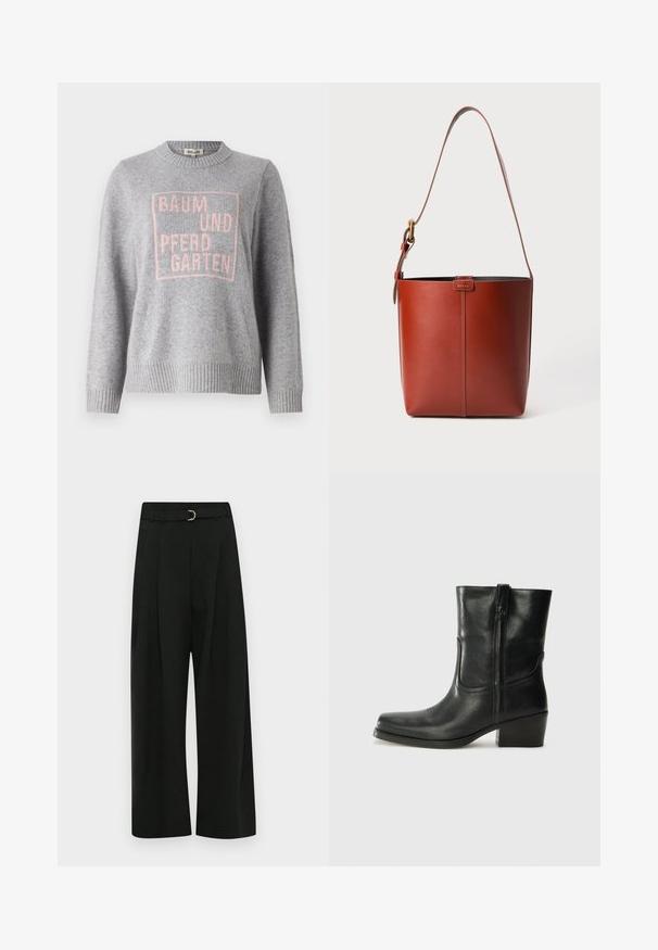 Grå tröja i mjukt material med ribbad halsringning och muddar. Har en rosa textdesign med "BAUM UND PFERDGARTEN" i en kvadrat.; Svart vida byxor i ett mjukt tyg, med ett bälte med silverfärgat spänne, veck fram och rak fåll.; Svart läderankelboot med rund tå, blockklack, sidodragkedja och sömmar på ovandelen. Slät textur, klassisk design.; Röd läderväska med slät textur, utrustad med en enkel axelrem och en diskret logotypdetalj framtill.