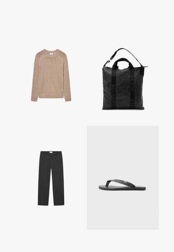 Beige geribde gebreide trui met lange mouwen, ronde hals en subtiele zijlogo-tag. Kenmerkt zich door een geweven patroon en aansluitende manchetten.; Zwarte broek van lichtgewicht stof. Heeft een rechte pijpdesign met een vlakke voorkant, zijzakken en een discreet tailleband.; Zwarte flip-flop met textuur in de bandjes, platte zool en gekartelde rand. Gemaakt van rubber met een gladde afwerking en minimalistisch ontwerp.; Zwarte leren tote bag met een gestructureerd oppervlak, bovenhandvatten en een verstelbare schouderriem. Voorzien van een ingebrand logo en een ritssluiting.