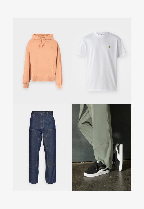 Sweatshirt cor pêssego com um bolso frontal, capuz com cordão e punhos canelados. Textura suave, design casual, apresenta um discreto detalhe de logotipo.; T-shirt branca de algodão com mangas curtas, decote redondo, apresentando um pequeno logótipo dourado na área do peito esquerdo. Textura macia e ajuste regular.; Jeans de ganga escura com uma cintura alta, design de perna reta, costuras em contraste e bolsos de remendo na frente.; Sapatilhas de camurça pretas com solas de borracha branca e riscas laterais, combinadas com calças de carga verde claro, em pé sobre uma superfície escura e texturizada.