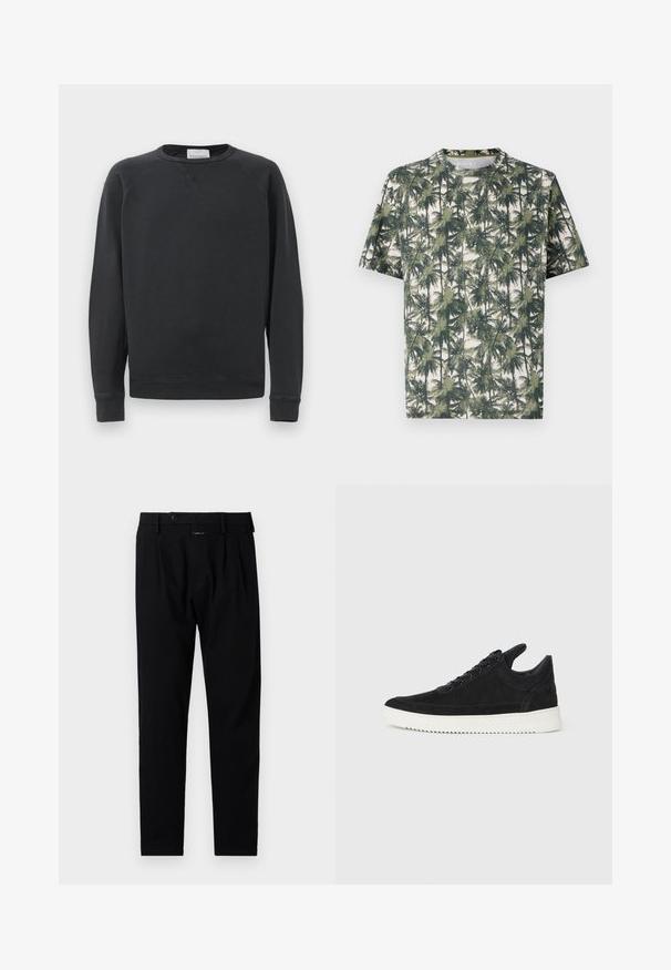 Felpa nera a maniche lunghe con collo girocollo, polsini e orlo a costine, dettaglio a V sottile sotto il colletto e etichetta del marchio all'interno del collo.; T-shirt a maniche corte in tessuto morbido con stampa di palme. I colori predominanti includono verde e beige, con una vestibilità rilassata e colletto tondo.; Pantaloni neri con una vestibilità sartoriale, caratterizzati da un frontale piatto, pieghe singole e chiusura con bottone. Realizzati in tessuto liscio, adatti per abbigliamento formale.; Sneaker in suede nero con suola in gomma bianca, caratterizzato da cuciture tonali e design con lacci. Texture liscia con una forma moderna e aerodinamica.