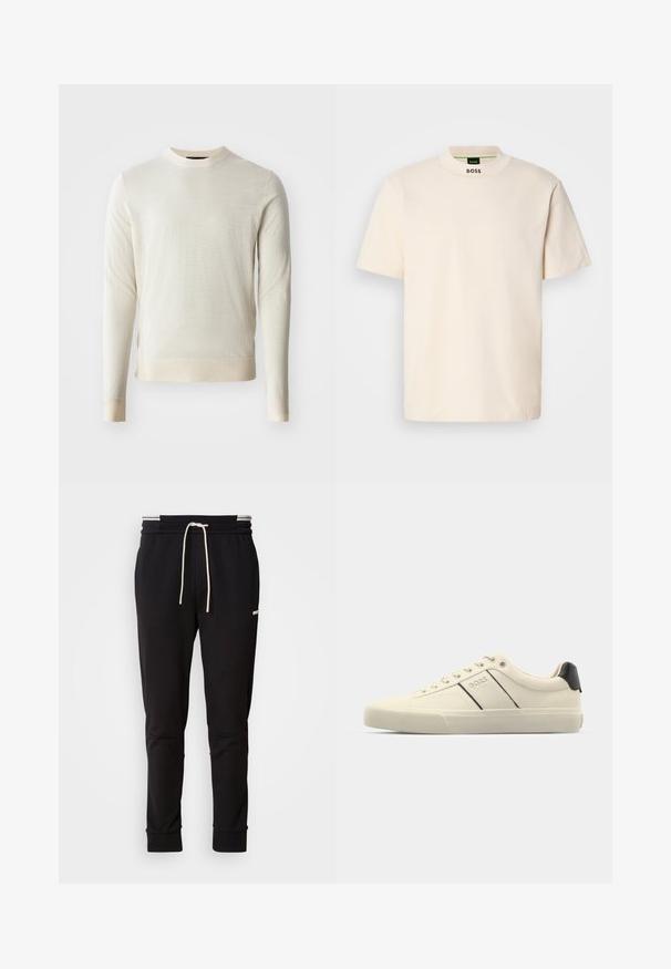 Heleda beezhi kampsun pikkade varrukate ja ümmarguse kaelusega. Tekstuurne kangas sileda pinnaga, ribidega äärise ja varrukate otstega.; Kreemja värvi lühikeste varrukatega T-särk kõrge kaelusega, mille ees on musta värvi kiri "BOSS" trükitud kaelaosa ja siltide peale.; Mustad slim-fit spordipüksid valge paelaga, ribakudumiga sääreotstes ja õrn logo ülemisel reies, mille taust on lihtne.; Kreemikaalased sneekerid sileda pinnaga, millel on mustad aktsendid ja bränding. Klassikaline paeltega mudel ümmarguse ninaga ja kummist tallaga.