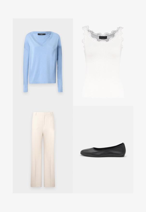 Világoskék, hosszú ujjú pulóver V-nyakkivágással. Puha anyagból készült, laza szabású, bordázott mandzsettákkal és hemmel.; Fehér, bordázott ujjatlan felső csipkés díszítéssel a nyakán és az ujjakon. Puha tapintása és testhez simuló fazonja van. A márkajelzés látható belül.; Beige, egyenes szárú szabott nadrág, könnyű anyagból készült. Elöl redők és klasszikus derékpánt jellemzi.; Fekete bőr balettcipő lekerekített orral, sima tekstúrával, minimális varrással és rugalmas talp kialakítással.