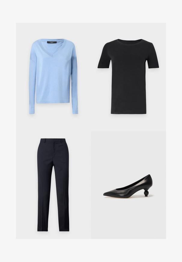 Gaiši zils, garām piedurknēm džemperis ar V-veida izgriezumu. Izgatavots no mīkstas auduma, ar brīvu piegriezumu un ribotām piedurknēm un apakšmalu.; Melnas īsām piedurknēm T-krekls, kas izgatavots no mīkstas kokvilnas, ar apaļu kakla izgriezumu un klasisku piegriezumu. Gluda tekstūra, bez rakstiem vai rotājumiem.; Jūras spēku stila bikses ar taisnu griezumu, ar gludu tekstūru, divām priekšējām kabatām un tīru jostas vietu.; Melnas ādas augstpapēžu kurpes ar smailu purngalu un apaļu papēdi. Gluda tekstūra ar elegantu, minimālistisku dizainu.