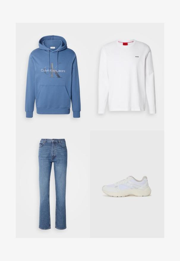 Calvin Klein Jeans SEASONAL MONOLOGO REGULAR HOODIE - Camisola - blue coast; Camisa branca de mangas longas feita de algodão, com decote redondo, logotipo preto "HUGO" no lado esquerdo do peito e uma textura suave.; Jeans de ganga azuis com cintura alta, design de perna reta e um desbotado subtil. Apresenta o clássico estilo de cinco bolsos e um fecho com fecho éclair.; Ténis brancos desportivos feitos de malha e camurça, com uma entressola texturizada, elementos texturizados e o logótipo "HUGO" na lateral.