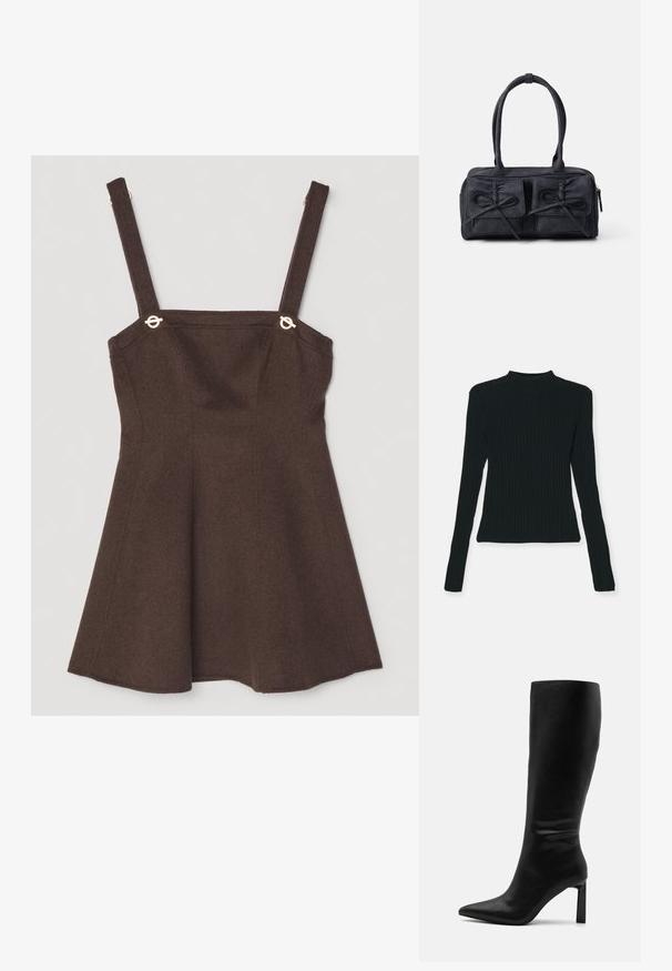 GAP GAP X CULT GAIA SHEER MCKNCK TOP - Svetr - black; Hnědé bezramínkové šaty s nastavitelnými páskami, vybavené zlatými akcenty a rozšířeným A-liniovým designem. Textura z vlněné směsi.; Even&Odd Vysoká obuv - black; Černá látková kabelka se dvěma předními kapsami s detaily mašle, dvojitými uchy a zipovým uzávěrem. Měkká textura a obdélníkový tvar.