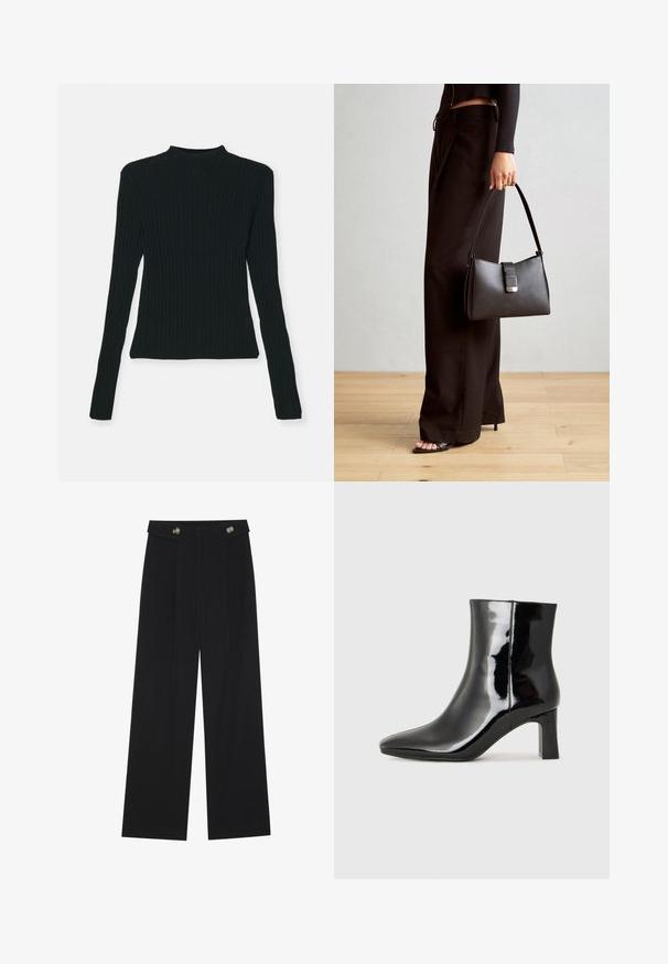 GAP GAP X CULT GAIA SHEER MCKNCK TOP - Džemperis - black; Melnas platās bikses ar augstu jostasvietu, pogu detaļām uz jostas un priekšējām krokām.; Melnas patentētas ādas potīšu zābaki ar norādītu pirkstu un vidēja augstuma kvadrātveida papēdi. Gluda tekstūra un minimālisma dizains.; Melnā somiņa ar strukturētu formu, gludu tekstūru un metālu sprādzi. Saskaņota ar platām melnām biksēm un sandālēm ar atvērtu purngalu uz koka grīdas.