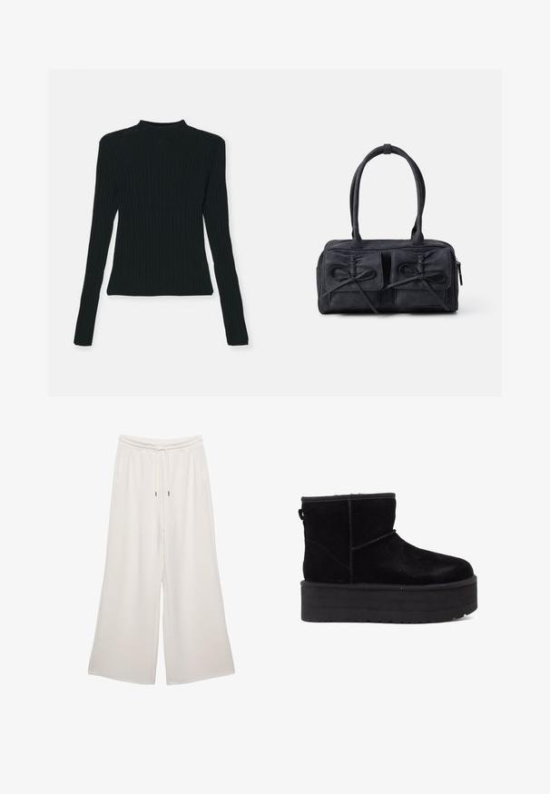 GAP GAP X CULT GAIA SHEER MCKNCK TOP - Strickpullover - black; Cremfarbene, weit geschnittene Hosen aus weichem Stoff, mit elastischem Bund, Kordelzug und Seitentaschen. Glatte Textur.; Schwarze Wildleder-Stiefeletten mit einer dicken Plattformsohle und weichem Futter. Abgeschlossen mit Nähakzenten und einer hinteren Schlaufe für einfaches Anziehen.; Schwarze Stoffhandtasche mit zwei vorderen Taschen, die mit Schleifendetails versehen sind, doppelten Griffen und einem Reißverschluss. Weiche Textur und rechteckige Form.