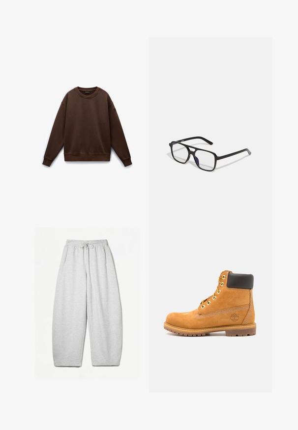 Brauner Rundhals-Pullover mit langen Ärmeln, aus weichem Material gefertigt. Verfügt über gerippte Bündchen und Saum sowie ein kleines Logo am Ärmel.; Hellgraue Sweatpants mit entspannter Passform, elastischem Bund, Kordelzug und seitlichen Taschen; aus weichem, strukturiertem Stoff gefertigt.; Braune Leder-Stiefelette mit schwarzer Polsterung, goldenen Ösen und einer strukturierten Sohle. Hat ein kreisförmiges Logo an der Seite und Nähakzente.; Schwarze rechteckige Brille mit klaren Gläsern und einem dezenten lila Schimmer, ausgestattet mit schlanken Bügeln und einem minimalistischen Design.