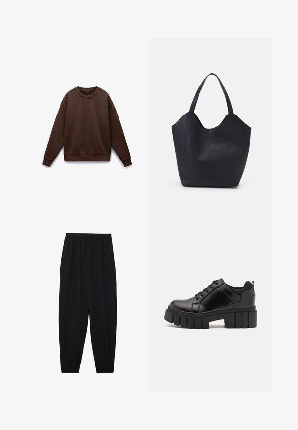 Brown crew-neck sweatshirt with long sleeves, made from a soft material. Features ribbed cuffs and hem, and a small logo on the sleeve.; Black, lightweight pants with an elastic waistband and gathered ankles. The fabric is smooth and features a relaxed, tapered design.; Black leather platform shoes with a chunky block heel, round toe, and traditional lace-up design. Features smooth texture and minimal detailing.; Black tote bag made of smooth leather, featuring a curved, open top with two shoulder straps and a minimalist design.