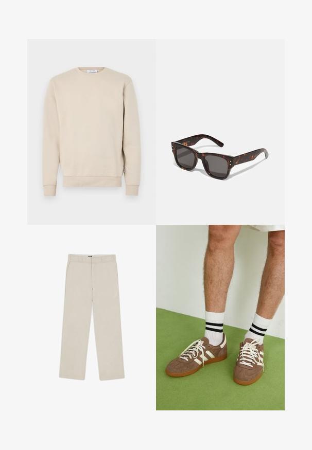 Hanorac din bumbac bej, cu guler rotund, mansete și tiv cu nervuri, și o textură moale. Fără grafica sau modele vizibile.; Pantaloni bej cu picioare wide-leg, cu o textură netedă, prevăzuți cu bucle pentru curea, două buzunare frontale și închidere cu fermoar. Design minimalist.; Adidași maro din suede cu accente și șireturi albe. Talpă din cauciuc de culoare caramel. Purtați cu șosete albe cu dungi negre. Pardoseală verde texturată.; Ochelari de soare din material tortoise cu lentile închise la culoare, cadru pătrat și studuri argintii pe partea din față. Fabricati din plastic, ușori și durabili.