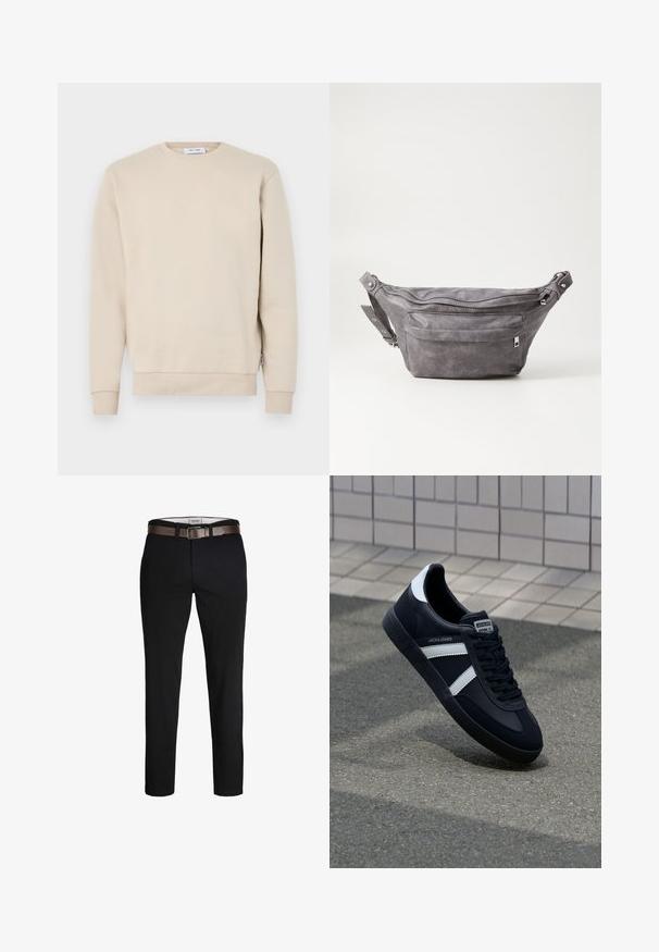 Beige katoenen sweatshirt met een ronde hals, geribbelde manchetten en zoom, en een zachte textuur. Geen zichtbare grafische elementen of patronen.; Zwarte katoenbroek met een rechte pasvorm, voorzien van een bruine leren riem en een gladde textuur. Eenvoudig ontwerp, geen zichtbare patronen of accenten.; Zwarte leren sneaker met witte strepen, een gestructureerde rubberen zool en vetersluiting aan de voorkant. Voorzien van een merklabel op de tong.; Grijze suède heuptas met een ronde vorm, twee met rits afgesloten compartimenten en een verstelbare band. Voorzien van metalen accenten.