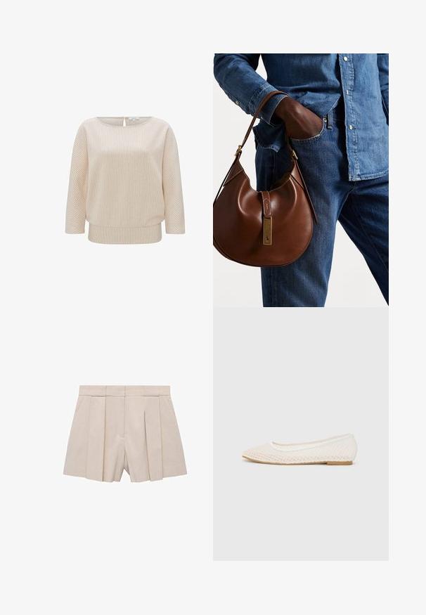 Pull en crème avec des rayures verticales pâles, un large col et des manches trois-quarts. Texture douce et coupe légèrement décontractée à la taille.; Shorts beige plissés au design ajusté, avec une taille haute et une texture lisse. Quatre plis à l'avant créent du volume. Pas de poches.; Chaussure plate blanche avec un design en maille, un bout pointu et une semelle basse et plate. Tige texturée avec une doublure lisse et une bordure de contraste subtile.; Sac en cuir marron de style hobo avec une forme arrondie, mettant en avant un accent en métal doré et des coutures contrastantes. Assorti à une chemise en denim et un jean.