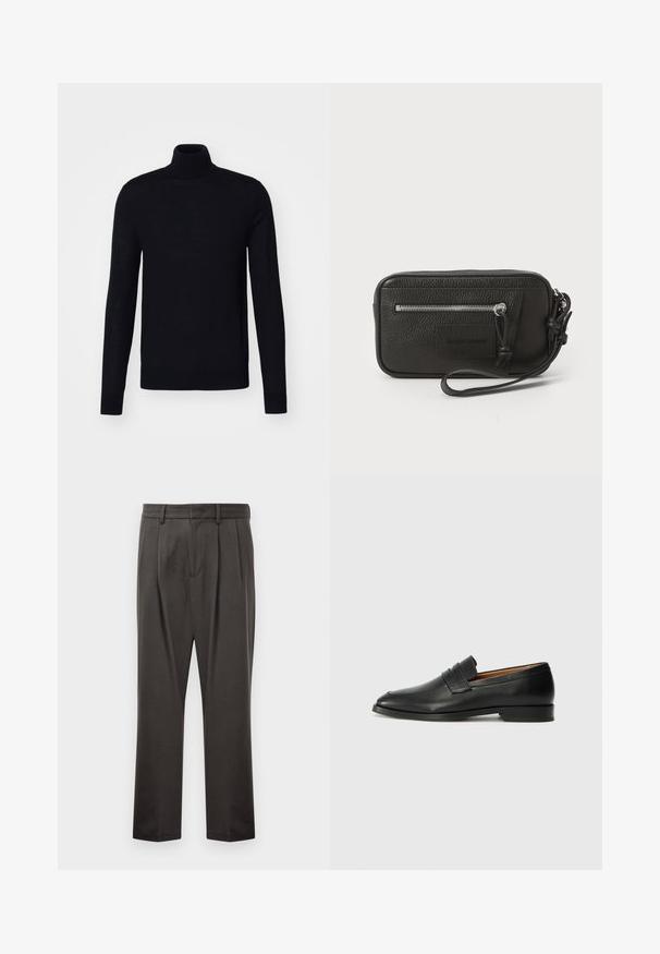 Mustmustar, pikaeeste, keha ligidel disain, kootud tekstuur, pehme materjal, ilma nähtavate mustrite või aktsendideta.; Tumedashallased püksid, mis on valmistatud tekstuuriga kangast, lame esiosa, voldid, sirged jalad ja vöökohastab. Pole nähtavat riistvara ega mustreid.; Must musta loafers ümarate varvastega, peene tikandiga ja madala kontsaga, millel on sile tekstuur ja minimalistlik disain.; Must musta nahk-käekott tekstureeritud pinnaga, ees suure tõmblukuga tasku ja eemaldatav randmepael. Esiküljel on logo-patch. Ristkülikukujuline.