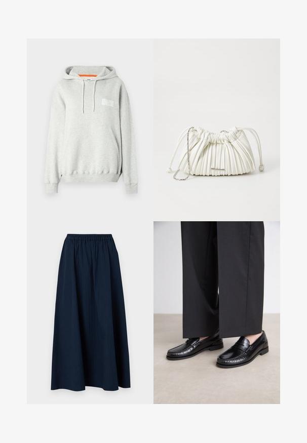 Grijze hoodie van een katoenmix, met een kangoeroezak, koordjes en een wit logo op de borst. Geribde manchetten en zoom.; Marineblauwe, lange rok gemaakt van textuurstof met een elastische tailleband en subtiele verticale strepen.; Zwarte leren instappers met een gladde afwerking, gestikte details rond de teen en een lage rubberen zool. Gepaard met brede zwarte broeken.; Witte geplooide handtas gemaakt van zacht materiaal. Voorzien van een trekkoordsluiting, gevlochten handvatten en een accent van zilverkleurig hardware.