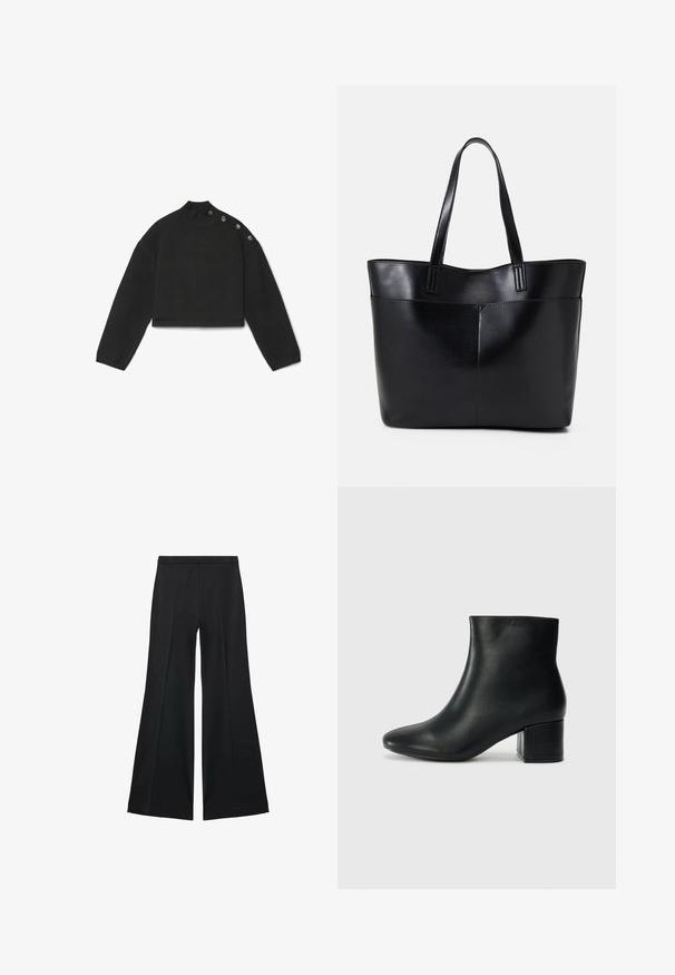 Gekürzter schwarzer Strickpullover mit hohem geripptem Kragen, langen Ärmeln und sechs dekorativen grauen Knöpfen an der linken Schulternaht.; Schwarze weit geschnittene Hose mit glatter Textur, ausgestattet mit Frontfalten und einem taillierten Design. Der Stoff ist leicht und fließend.; Schwarze Leder-Ankle-Boots mit spitzem Zehenbereich und klobigem Absatz. Glatte Textur mit minimalen Akzenten und einem eleganten, taillierten Design.; Schwarze Leder-Shopper-Tasche mit zwei langen Griffen, einer glatten Textur und einer strukturierten Form. Verfügt über eine Vordertasche für zusätzlichen Stauraum.