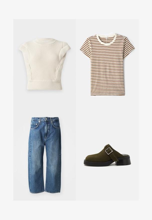 Kreemist ribatreeritud nisutopist, lühikeste varrukatega ja ümmarguse kaelusega. Omab tekstuurset kangast ja keha lähedast lõiget. Ei sisalda nähtavaid kinnitusi ega mustreid.; Röstripeeritud t-särk, millel on pruunid ja valged horisontaalsed triibud, lühikesed varrukad ja kreemivärvi ümmargune kaelus pehmes, tekstuuriga kangas.; Sinine denim, millel on lahtine, laia jala disain, ees taskud, nööp ja tõmblukk ning õrn fade kohtades, kus on põlved.; Olive rohelise suede'ist mule madala, robustse musta kontsaga. Omab külgrihma hõbedase pandlaga reguleerimiseks. Üldine tekstuur on sile.