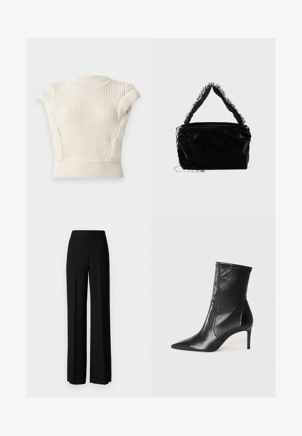 Kreemist ribatreeritud nisutopist, lühikeste varrukatega ja ümmarguse kaelusega. Omab tekstuurset kangast ja keha lähedast lõiget. Ei sisalda nähtavaid kinnitusi ega mustreid.; Mustad laiad püksid mustas värvitoonis, sujuva tekstuuri ja kõrge vöökoha ning keskmiste voldikutega. Ilma nähtavate mustrite või tarvikute detailideta.; Mustad mustajalatsid, mis on valmistatud siledast nahast, omavad teravat nina, kitsast varre ja peenikest kõrget kontsa. Minimalistlik disain, ilma nähtava riistvaraeta.; Must mustrepp nahkakäekott, millel on tekstuuriga viimistlus, esitades pehme hõbedase aktsendi pealt käepideme juures ja kettainet.