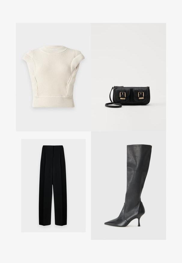 Crème ribgebreid top met korte mouwen en een ronde hals. Is gemaakt van textiel met een structuur en heeft een getailleerd ontwerp. Geen zichtbare sluitingen of patronen.; Zwarte wijde broek met een hoge taille, met plooien en een gladde textuur. De stof lijkt lichtgewicht en valt elegant.; Kniehoge zwarte leren laarzen met een spitse neus en een slanke stilettohak. Glad textuur met een aansluitend ontwerp en stiksels aan de bovenrand.; Zwarte leren schoudertas met twee vo pockets, gouden gespen, ritsluiting en een smalle band. Tekstuur oppervlak en compacte rechthoekige vorm.