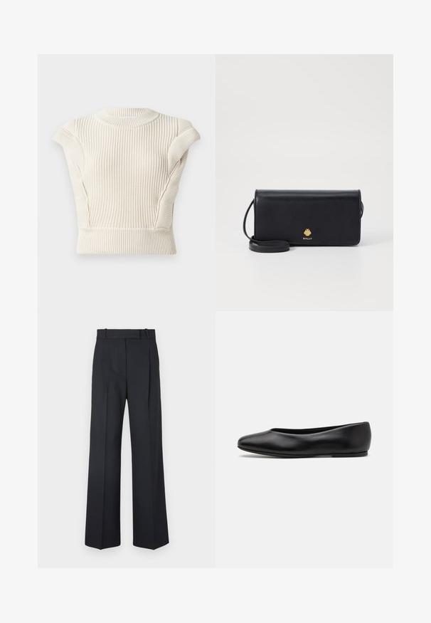 Cream ribbed knit top with short sleeves and a round neck. Features textured fabric and a fitted design. No visible fastenings or patterns.; Dark blue pinstriped trousers with a high waist, wide leg design, and no visible hardware or embellishments. Smooth texture and tailored fit.; Paul Smith TOPANGA - Ballet pumps - black; Black leather wallet with a slim rectangular shape, featuring a gold logo. Includes a detachable strap for carrying convenience.